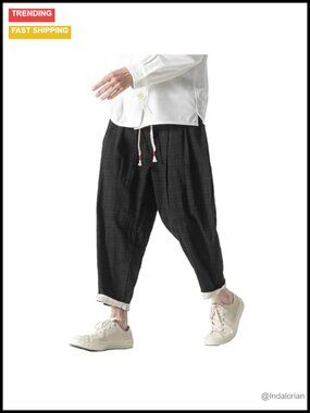 Men's Casual Capri Pants Elastic Waist Wide Leg Loose Baggy Harem Pants